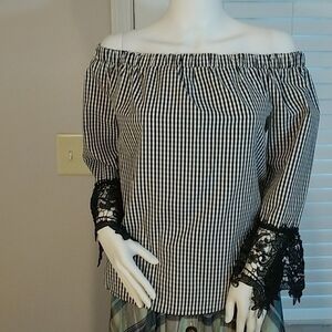 Unique Spectrum Black And White Checker Off The Shoulder Flare Lace 3/4 Sleeves